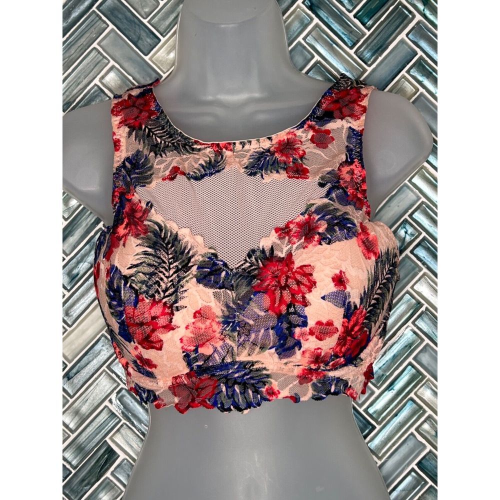 VICTORIA'S SECRET PINK TROPICAL FLORAL LACE HIGH NECK‎ PADDED BRALETTE LARGE